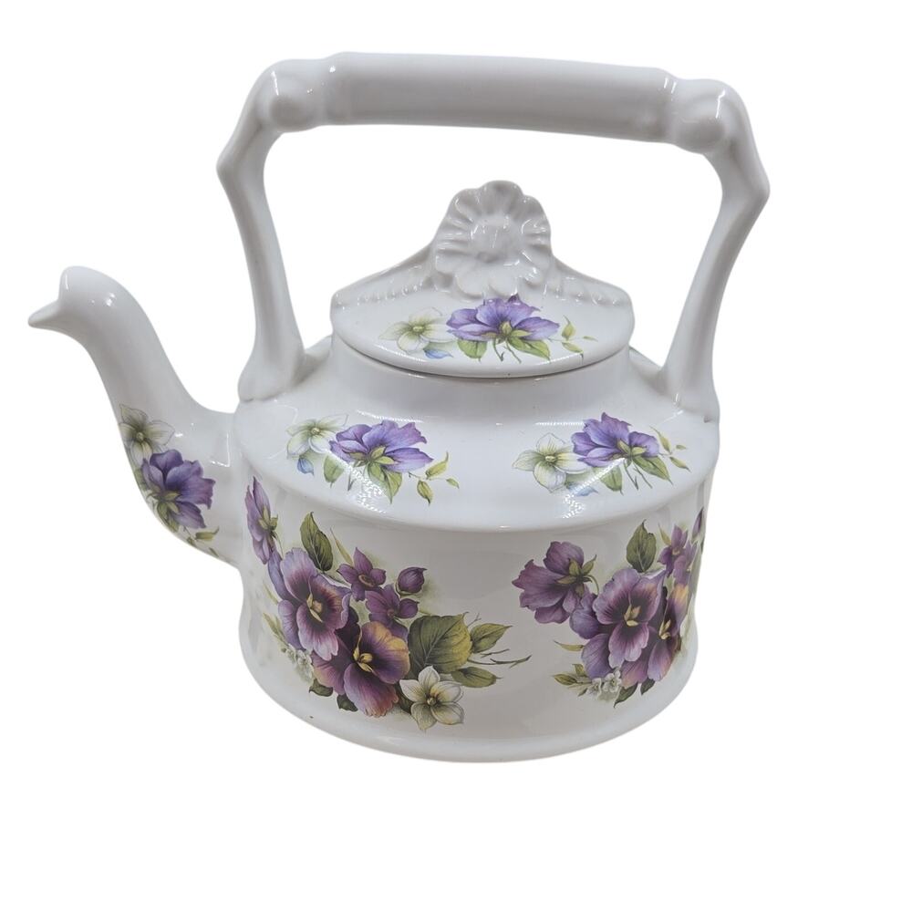 Arthur Wood 6496 Floral Ceramic Teapot w/ Lid White Purple Green Made England